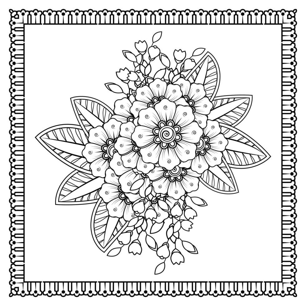 flor mehndi para henna, mehndi, tatuaje, decoración. adorno decorativo en estilo étnico oriental, adorno de doodle, dibujo a mano de contorno. página de libro para colorear. vector