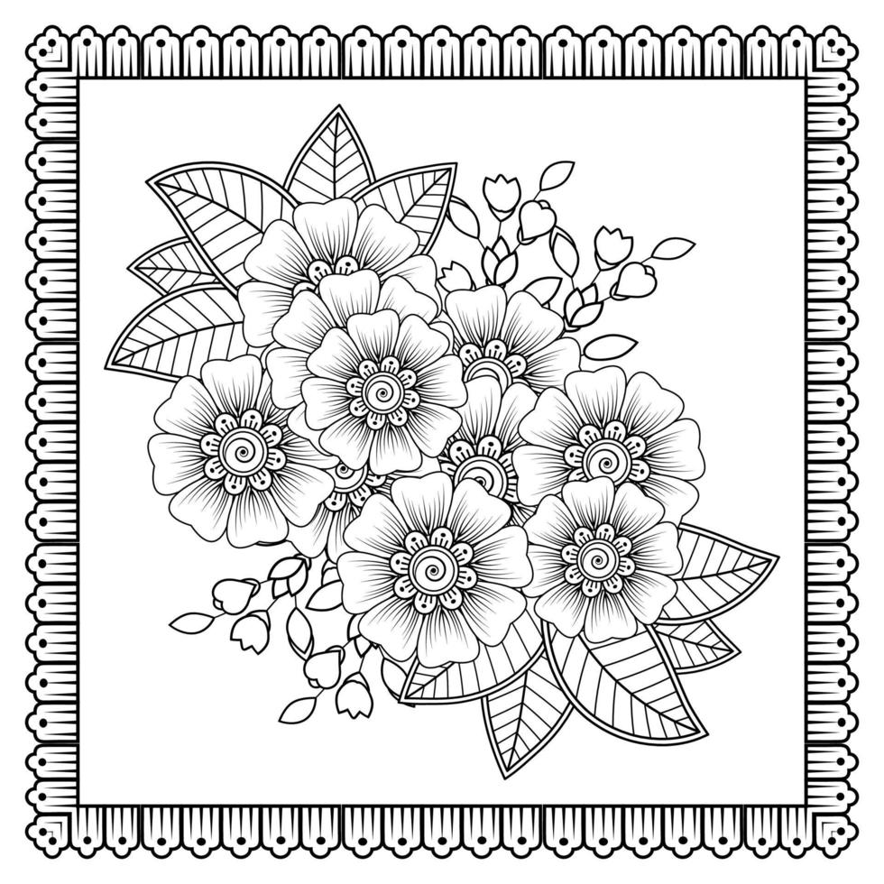 flor mehndi para henna, mehndi, tatuaje, decoración. adorno decorativo en estilo étnico oriental, adorno de doodle, dibujo a mano de contorno. página de libro para colorear. vector