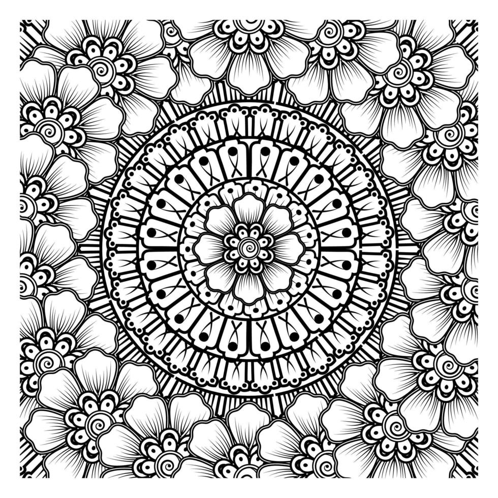 flor mehndi para henna, mehndi, tatuaje, decoración. adorno decorativo en estilo étnico oriental, adorno de doodle, dibujo a mano de contorno. página de libro para colorear. vector