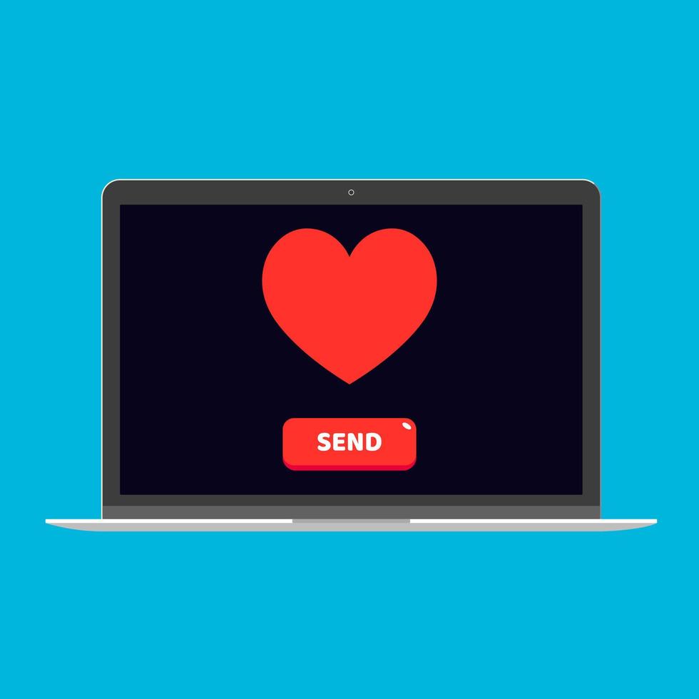 Modern device - laptop, computer or netbook pc flat design with heart and button send on the screen icon vector illustration. Technology concept of romance and love sign isolated on blue background.