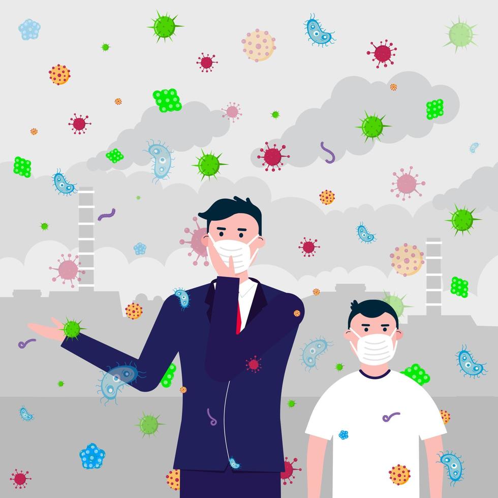 Man and boy in masks, bacterias and viruses fly because infection transmitted by air. Mask as protection against bacterias and viruses concept flat style vector illustration with factory behind