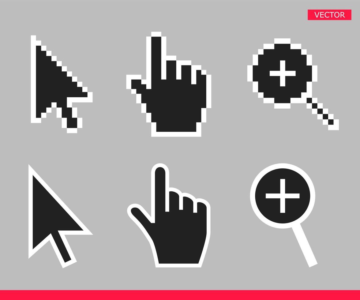 Flecha en blanco y negro, mano y lupa, iconos de cursor de ratón sin píxeles, conjunto de ilustraciones vectoriales, diseño de estilo plano aislado sobre fondo gris. vector