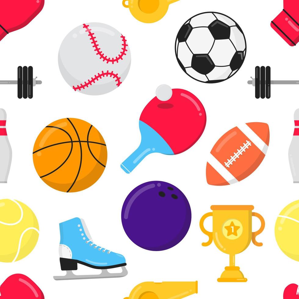 composición de juegos deportivos de patrones sin fisuras con pelotas - fútbol, fútbol, baloncesto. trofeo copa copa de tenis, bádminton, raquetas de ping pong. Ilustración de vector de diseño de estilo plano de equipamiento deportivo.