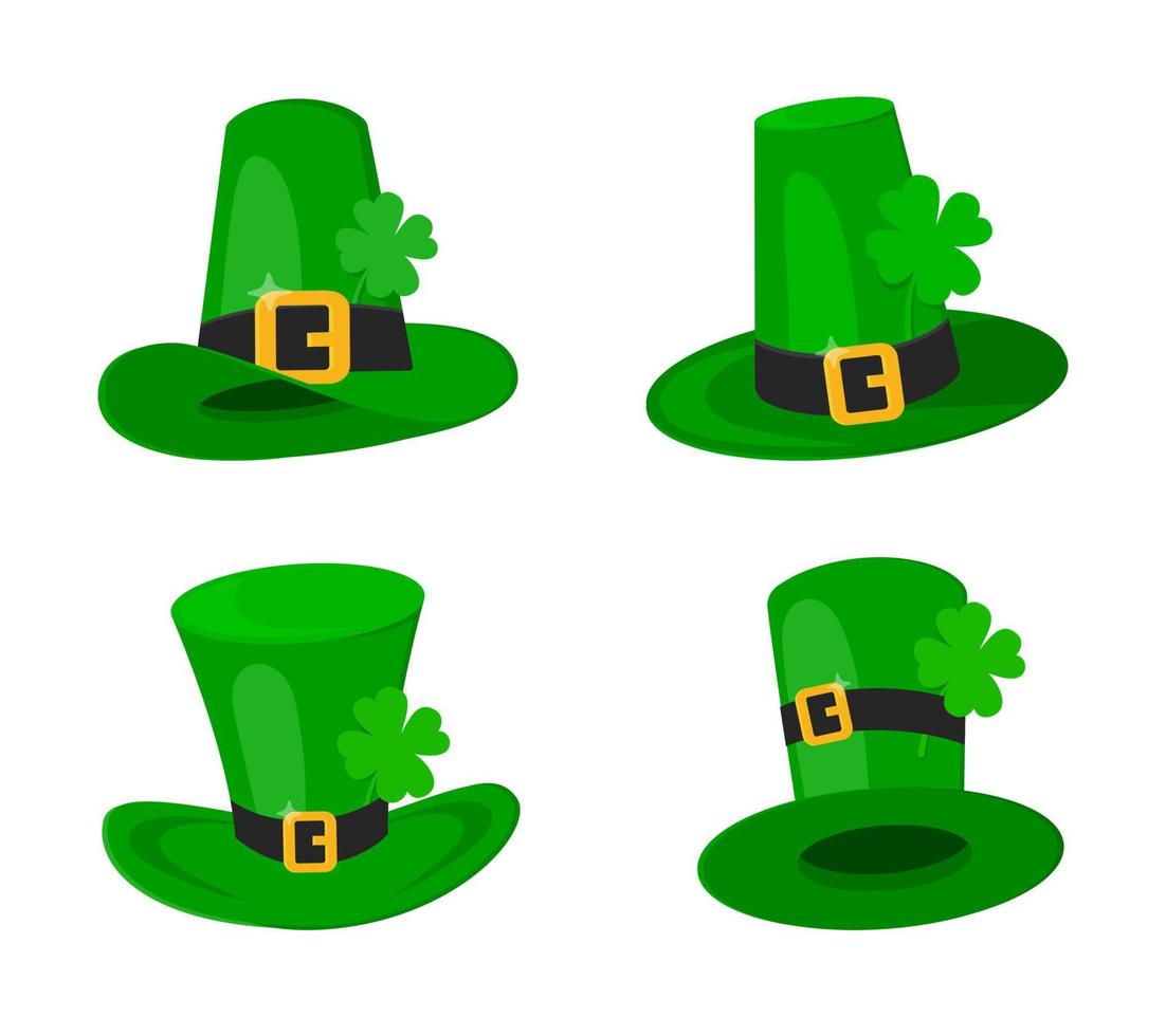 Saint Patrick Day leprechaun green hat set with shamrock clover four leaf lucky icon flat style design vector illustration.