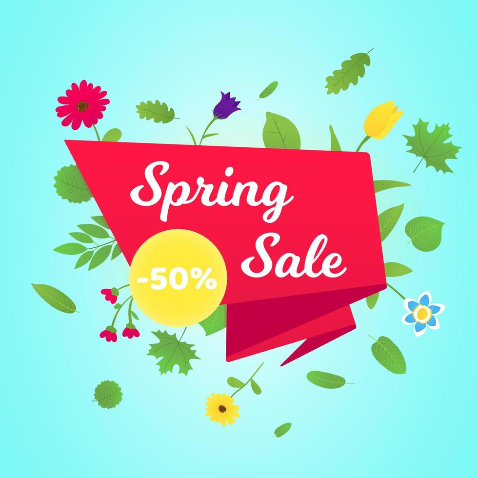 Spring sale vector banner or poster gradient flat style design vector illustration. Huge red ribbon with text SPRING SALE, green leaves and beautiful flowers around isolated on sky background