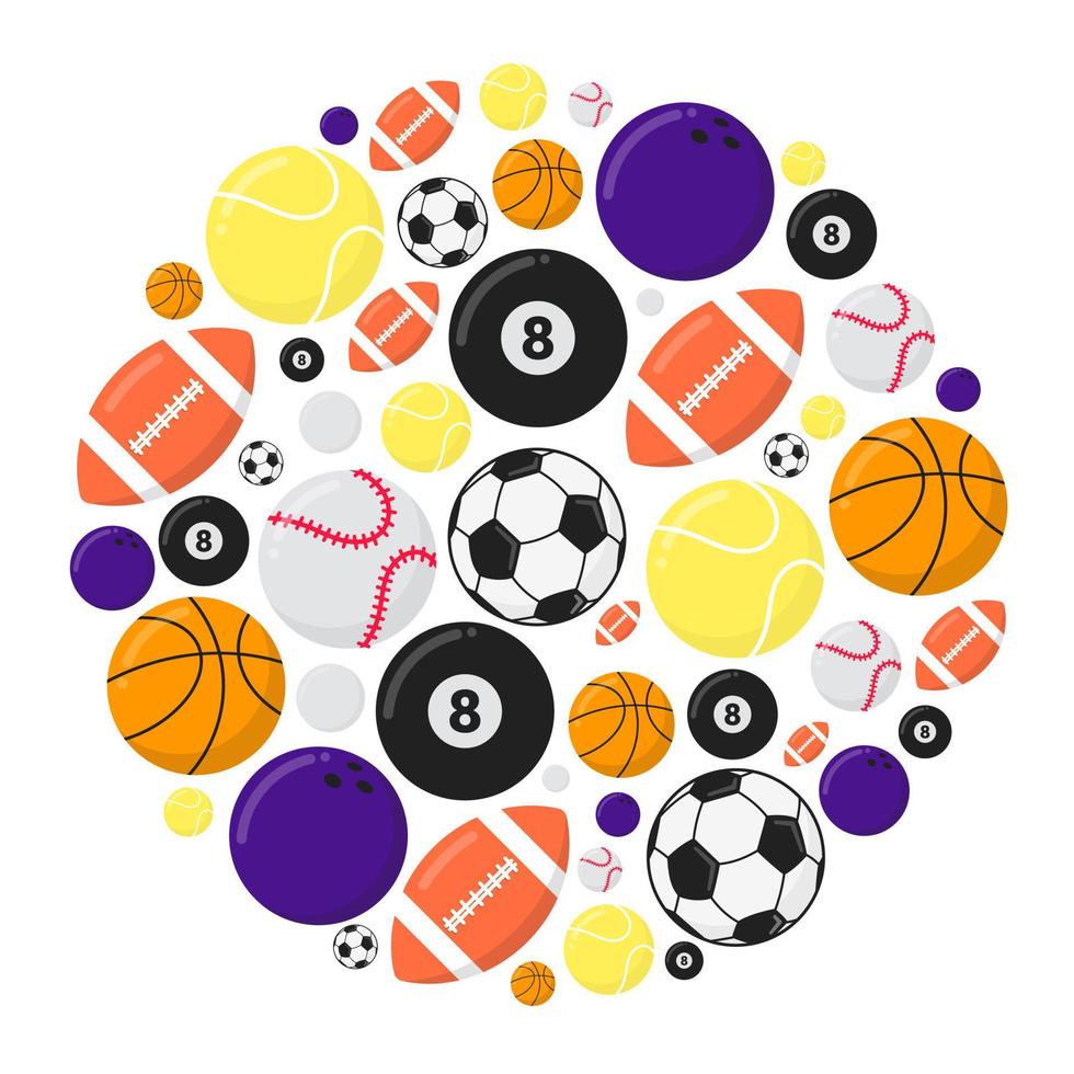 Juego de ilustración de vector de diseño de estilo plano de bolas de juegos deportivos aislado sobre fondo blanco. fútbol, ping pong, baloncesto, tenis, fútbol, billar, bolera, béisbol