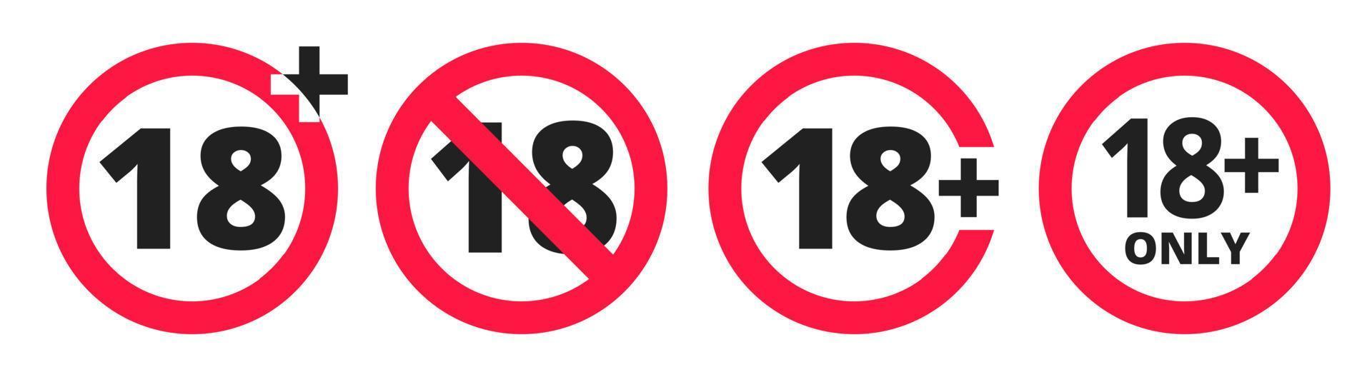 Ilustración de vector de signo de icono redondo prohibido menores de 18 años. Dieciocho o mayores personas contenido para adultos 18 más solo calificación aislada sobre fondo blanco.