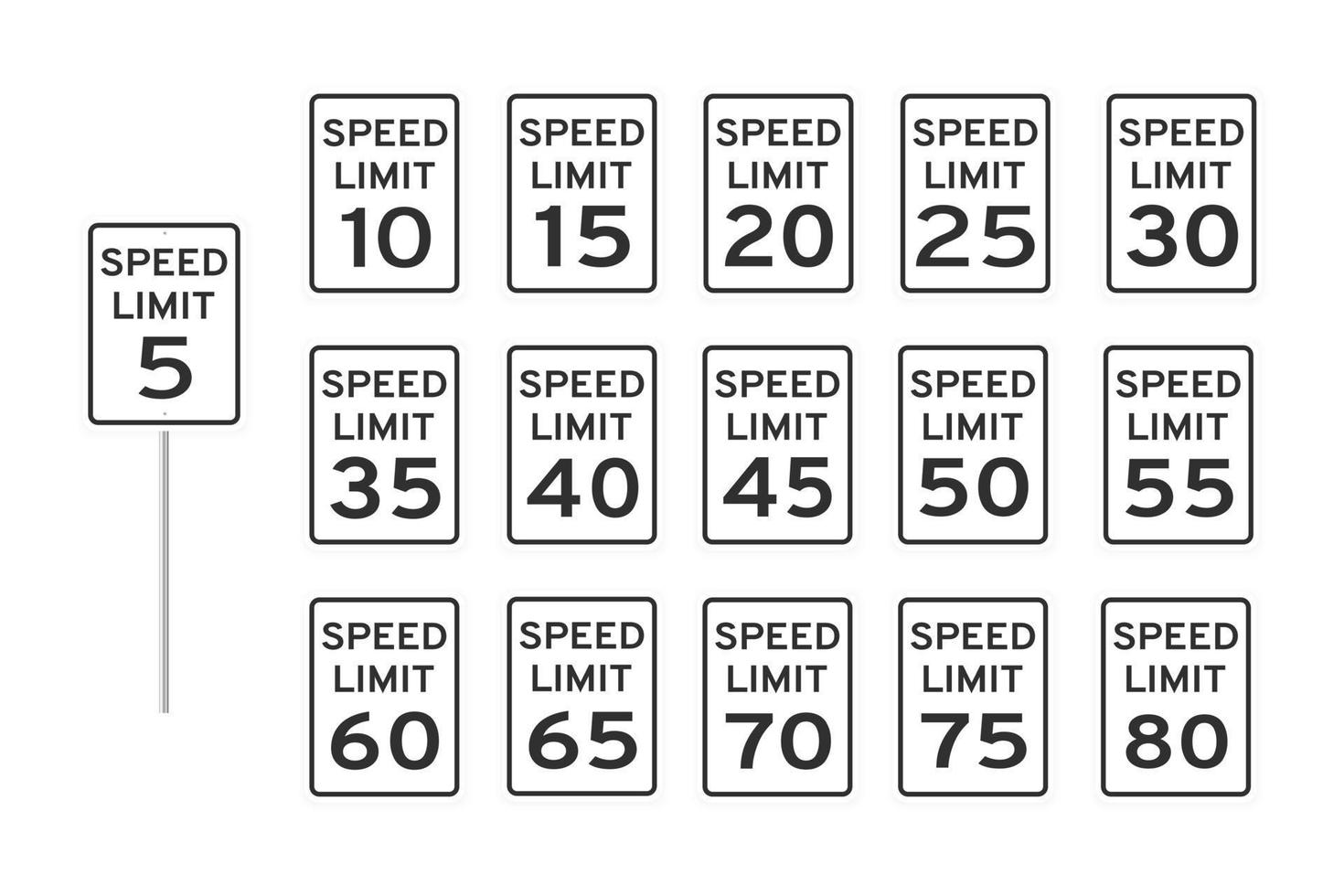 Las señales del icono del tráfico de la carretera del límite de velocidad fijaron el ejemplo plano del vector del diseño del estilo aislado en el fondo blanco. señal de tráfico estándar vertical con colección de texto y números.