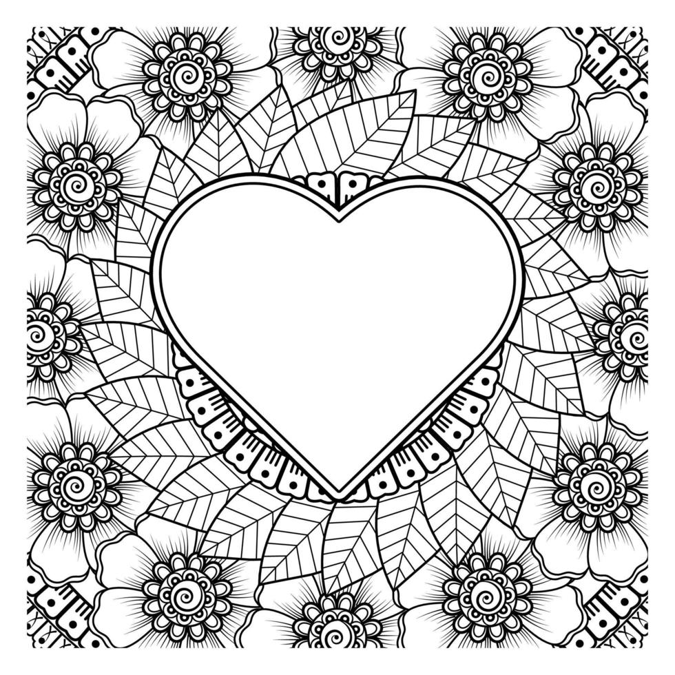 flor mehndi con marco en forma de corazón. decoración en adornos étnicos orientales, doodle. vector