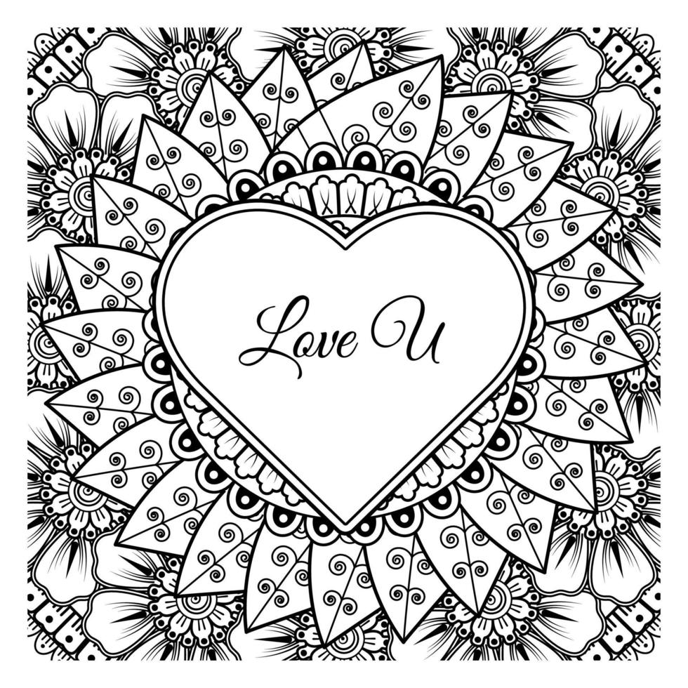 Mehndi flower with frame in shape of heart. decoration in ethnic oriental, doodle ornament. vector