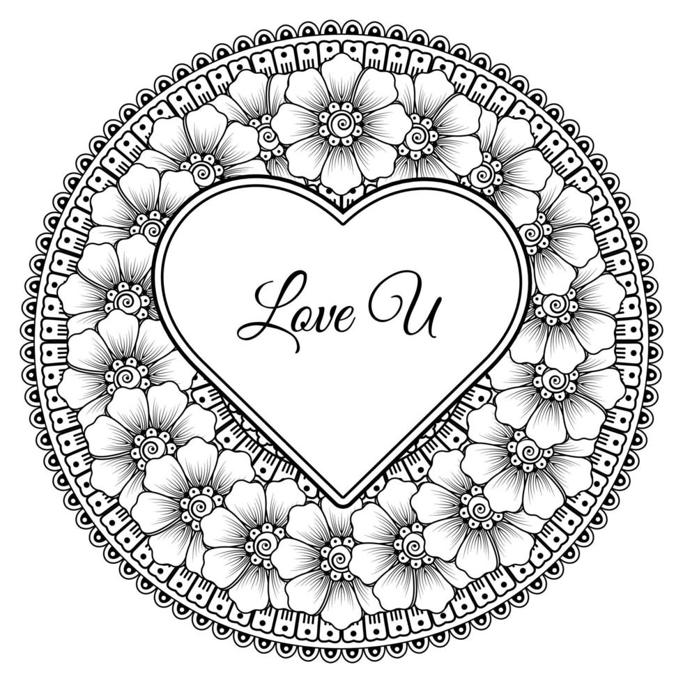 Mehndi flower with frame in shape of heart. decoration in ethnic oriental, doodle ornament. vector