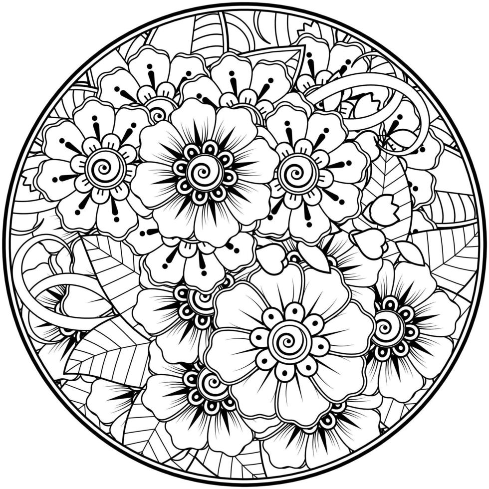 flor mehndi para henna, mehndi, tatuaje, decoración. adorno decorativo en estilo étnico oriental, adorno de doodle, dibujo a mano de contorno. página de libro para colorear. vector