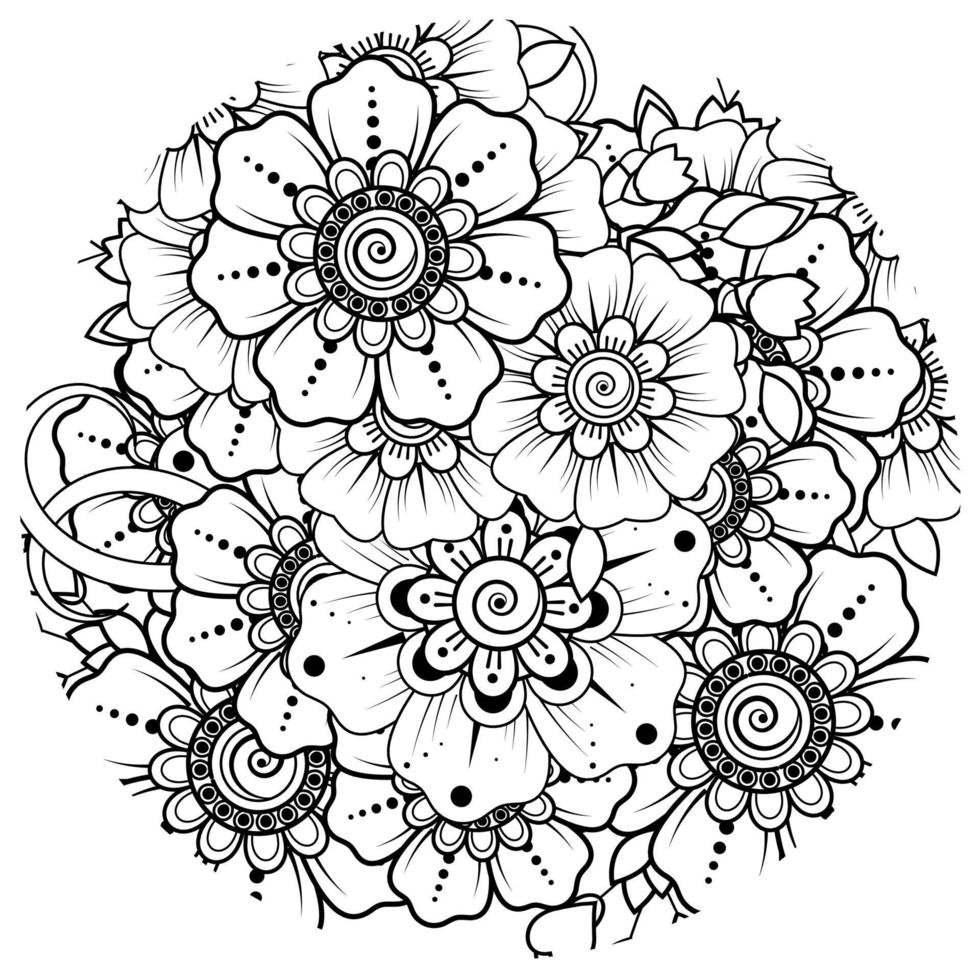 flor mehndi para henna, mehndi, tatuaje, decoración. adorno decorativo en estilo étnico oriental, adorno de doodle, dibujo a mano de contorno. página de libro para colorear. vector