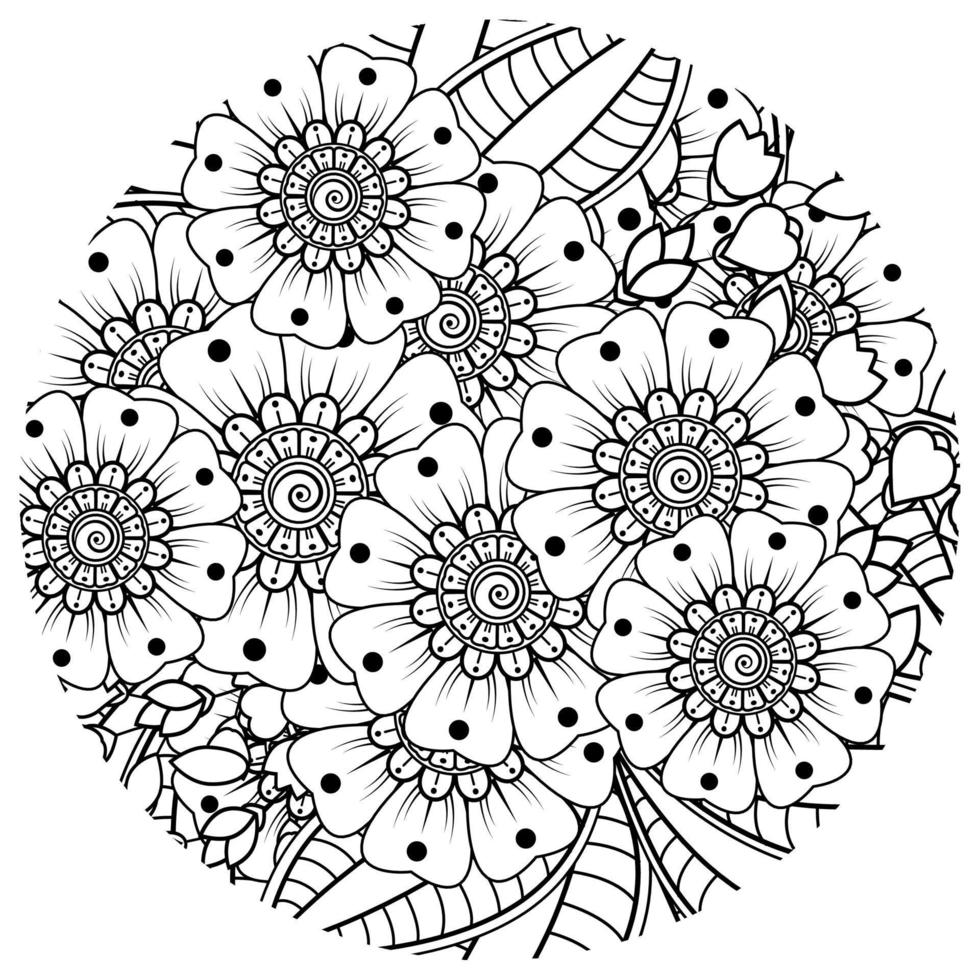 flor mehndi para henna, mehndi, tatuaje, decoración. adorno decorativo en estilo étnico oriental, adorno de doodle, dibujo a mano de contorno. página de libro para colorear. vector