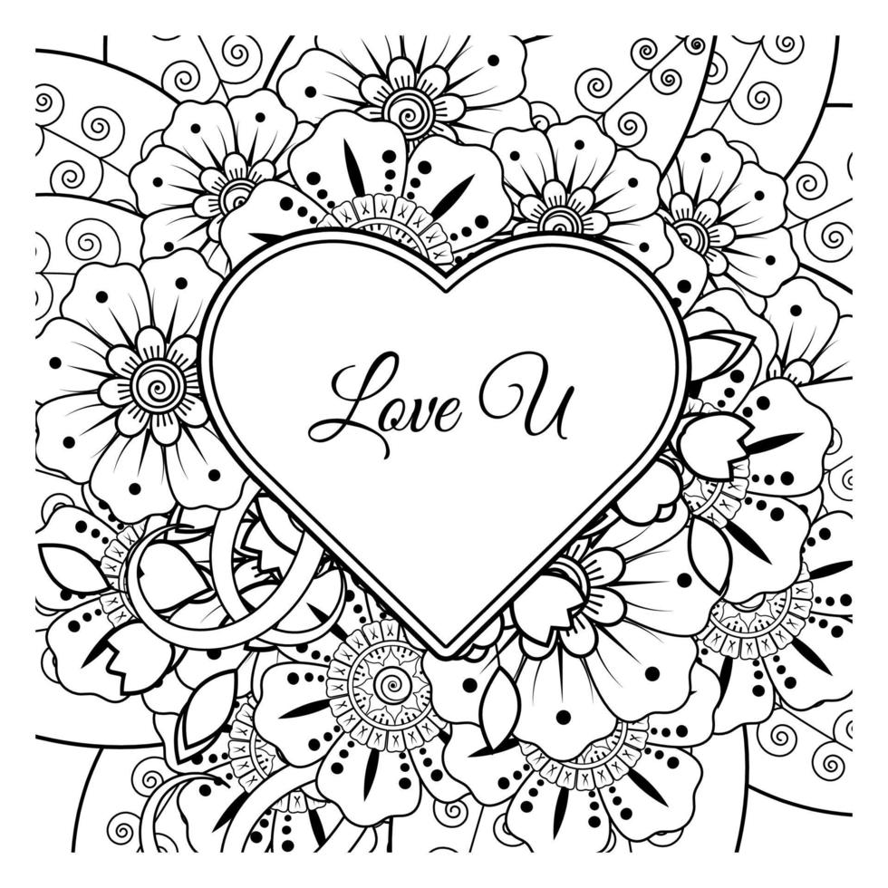 Mehndi flower with frame in shape of heart. decoration in ethnic oriental, doodle ornament. vector