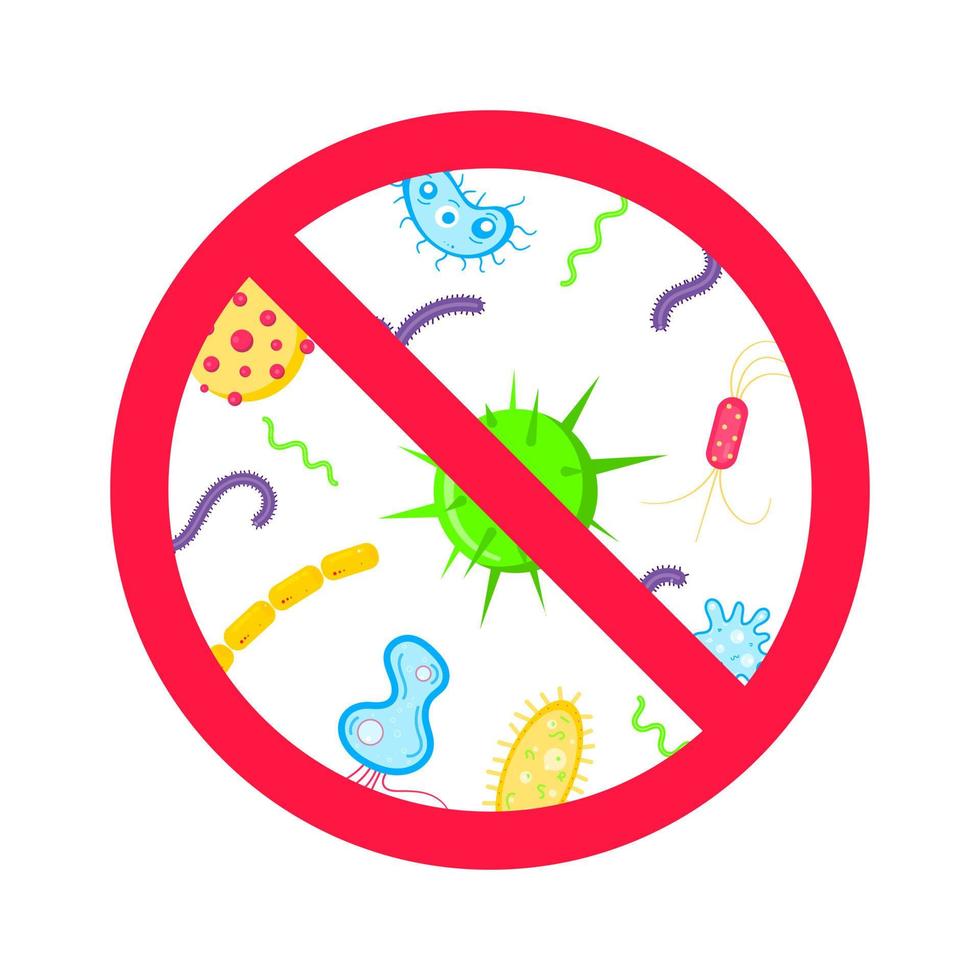 Stop viruses and bad bacterias or germs prohobition sign. Big viruses or gems in the red stop defence circle flat style design vector illustration isolated on white background.