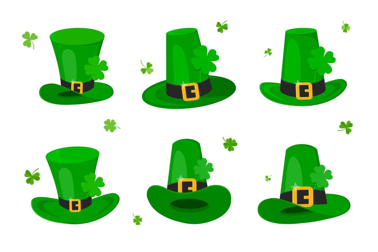 Saint Patrick Day leprechaun green hat set with shamrock clover four leaf lucky icon flat style design vector illustration isolated on white background.
