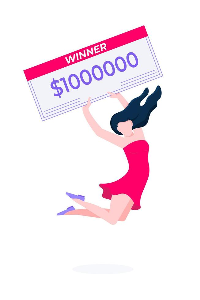 Happy woman - lottery winner with prize check. Fortune lottery or casino gambling lucky games vector