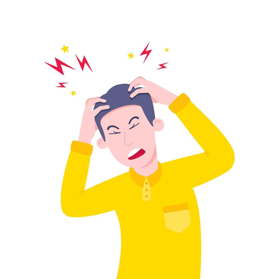 Young adult man suffering from stress headache and holding his head with hands. Stress ache, depression, hangover or migraine disease healthcare concept flat style design vector illustration.