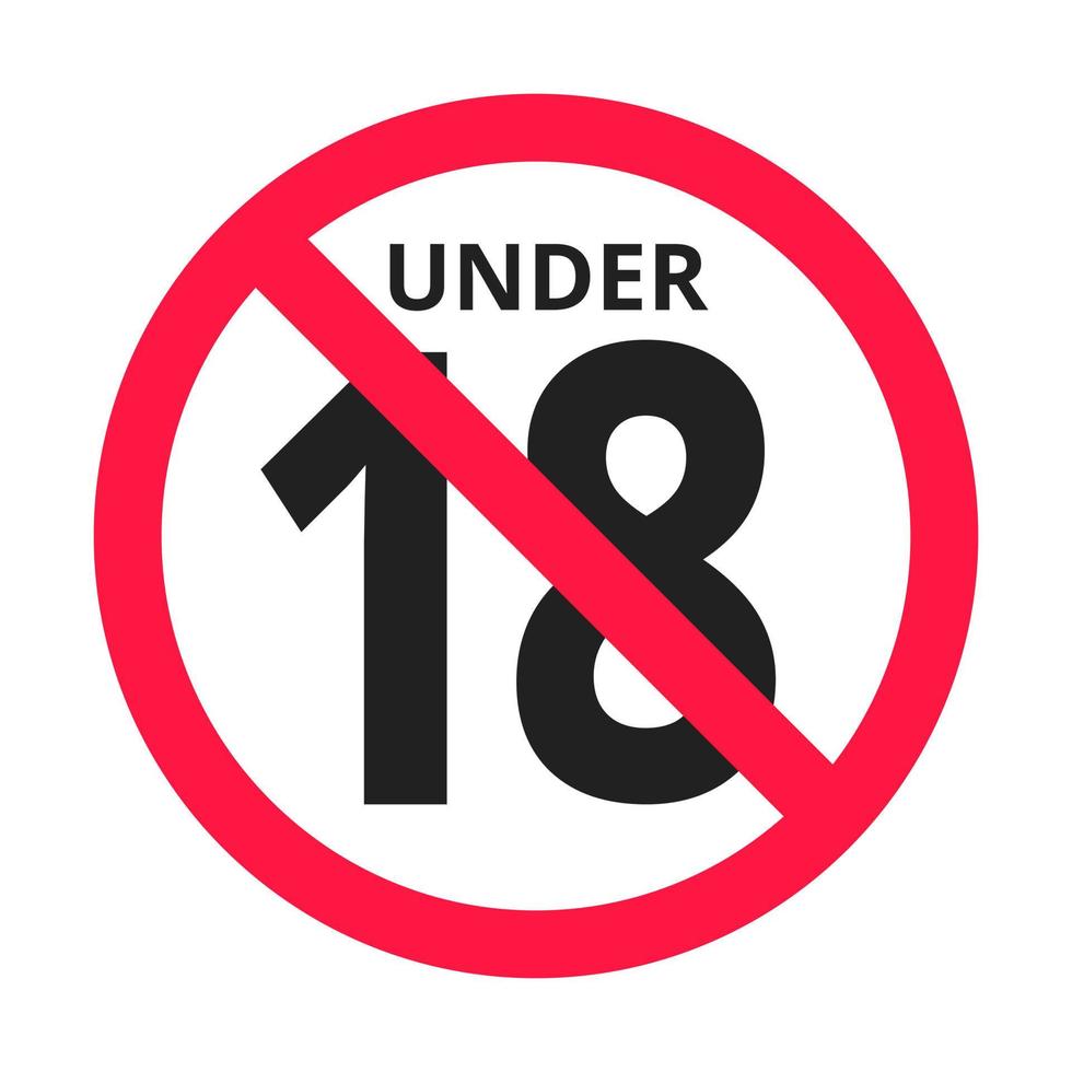 Ilustración de vector de signo de icono redondo prohibido menores de 18 años. Dieciocho o mayores personas contenido para adultos 18 más solo calificación aislada sobre fondo blanco.