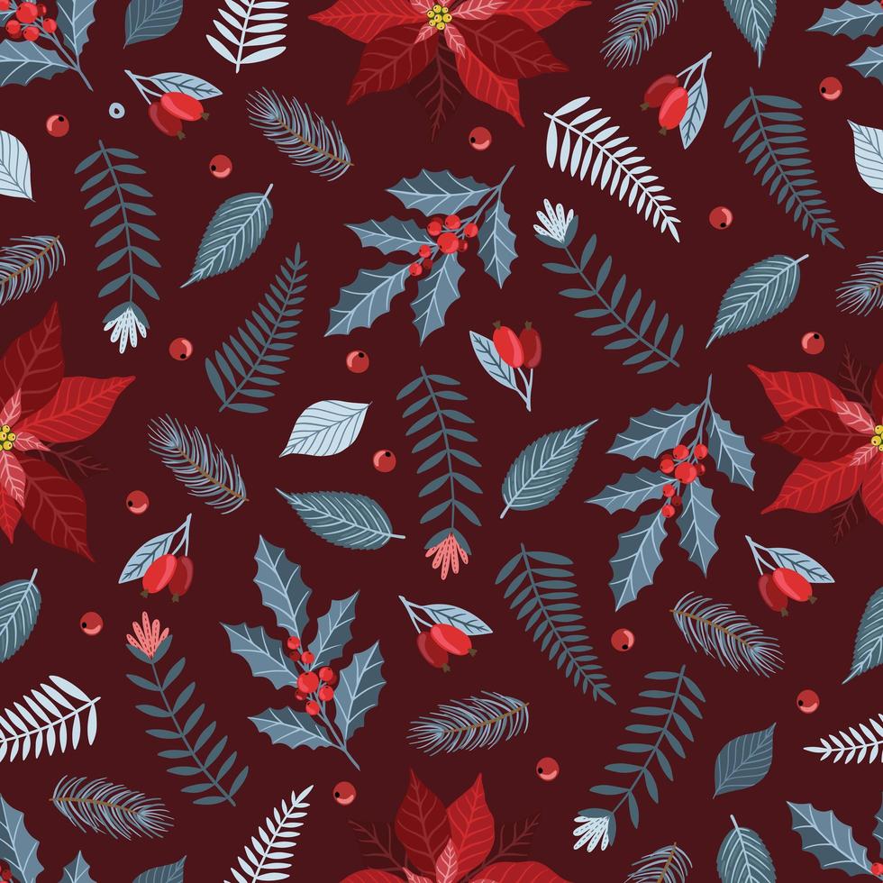 patrón sin fisuras con adornos para árboles de Navidad, ramas de pino, flor de pascua, bayas. vector