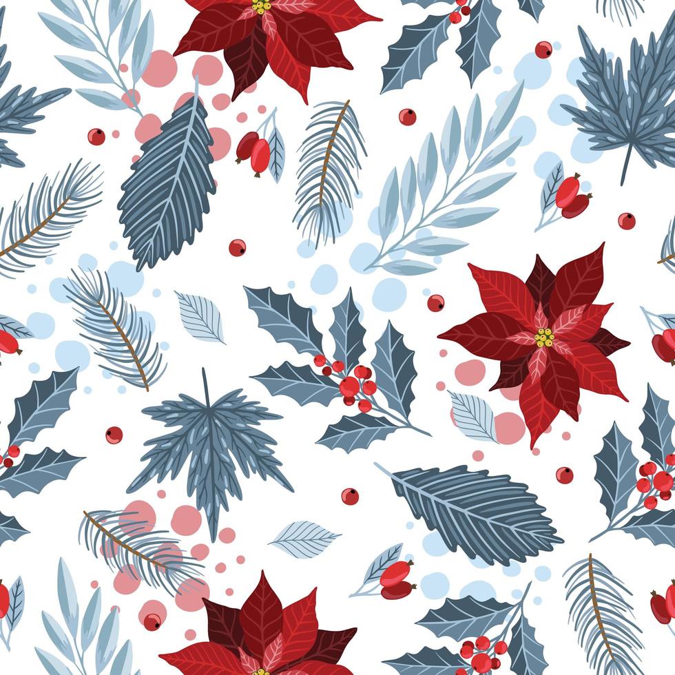 Seamless pattern with Christmas Tree Decorations, Pine Branches, poinsettia, berries. vector