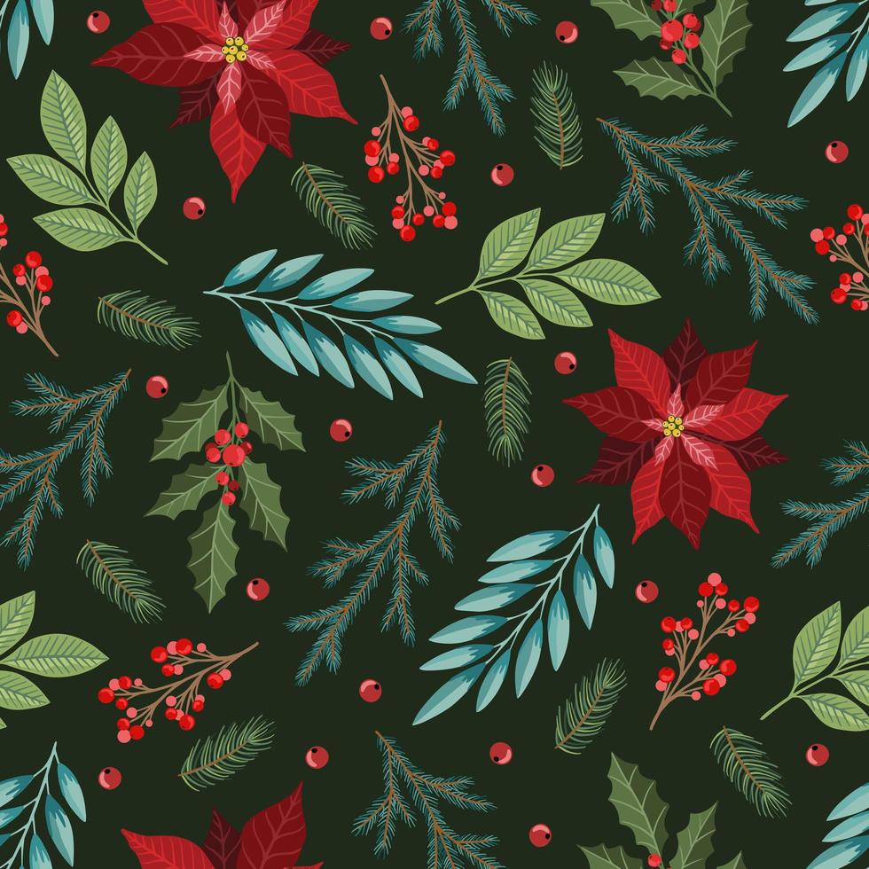Seamless pattern with Christmas Tree Decorations, Pine Branches, poinsettia, berries. vector