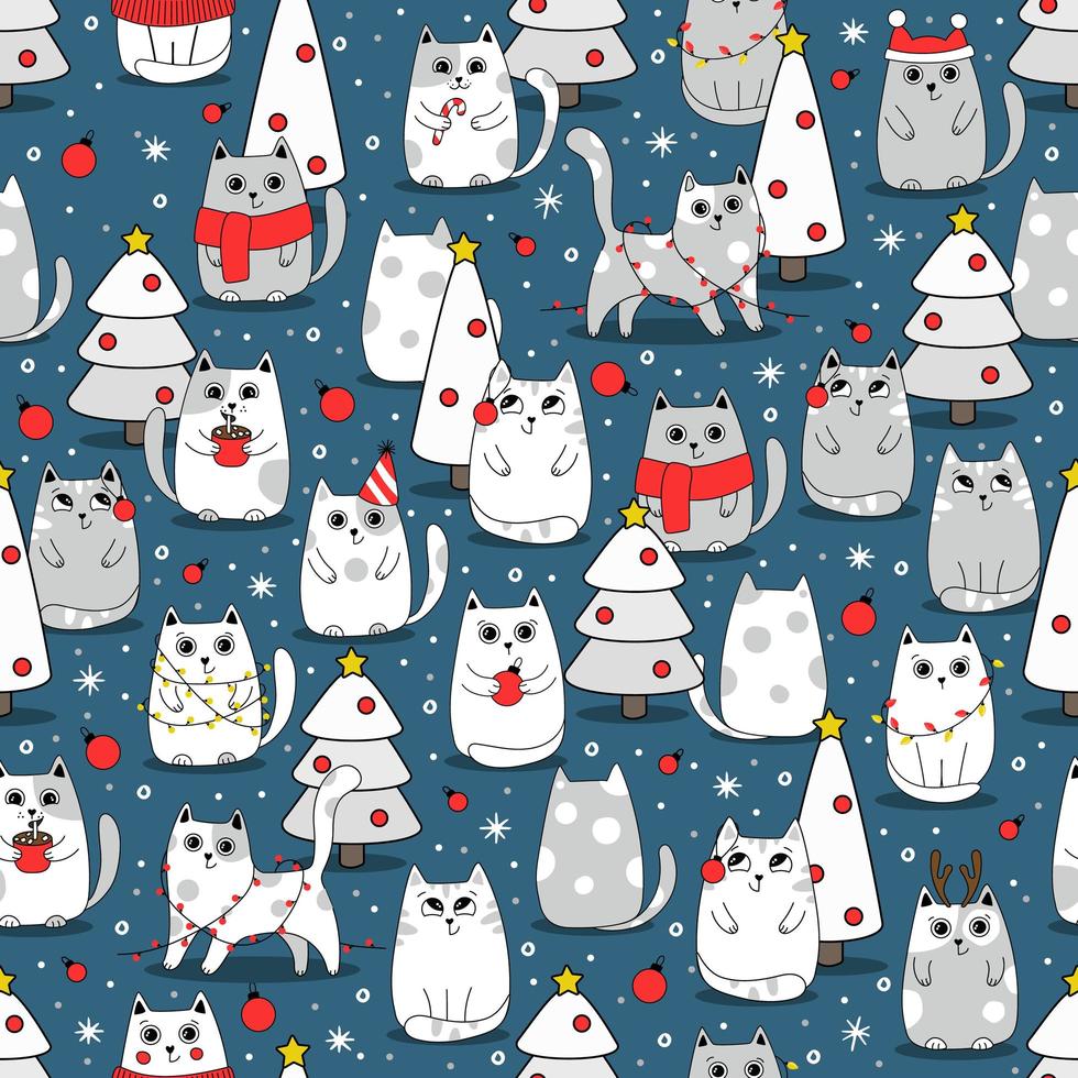 Seamless pattern background cute cat in snow for winter. Doodle style vector