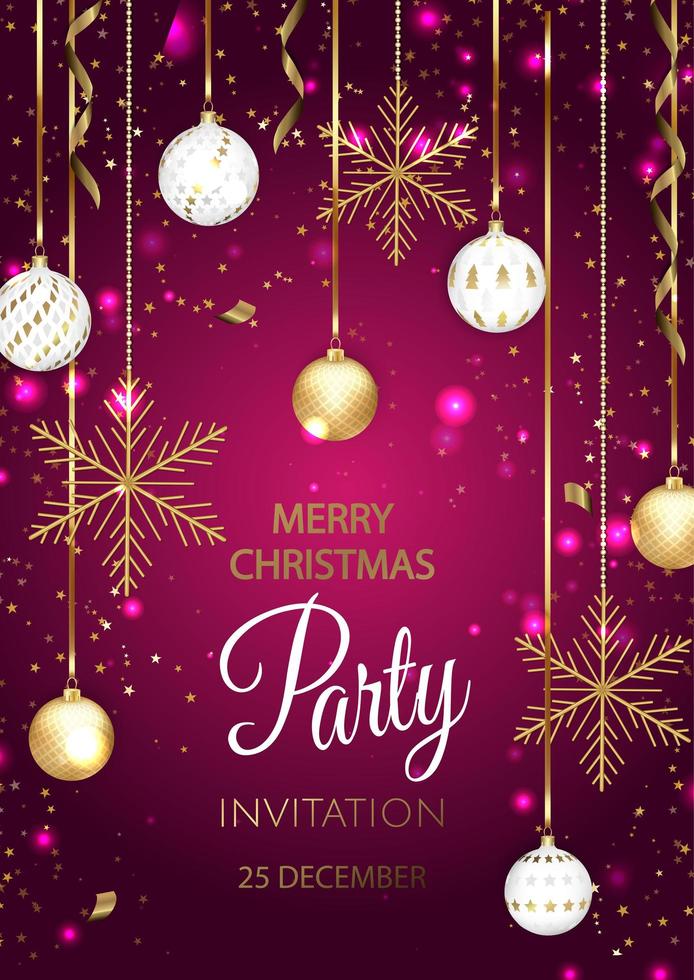 Merry Christmas Party invitation. Happy New Year card Decoration. Winter background. Seasonal holidays. vector