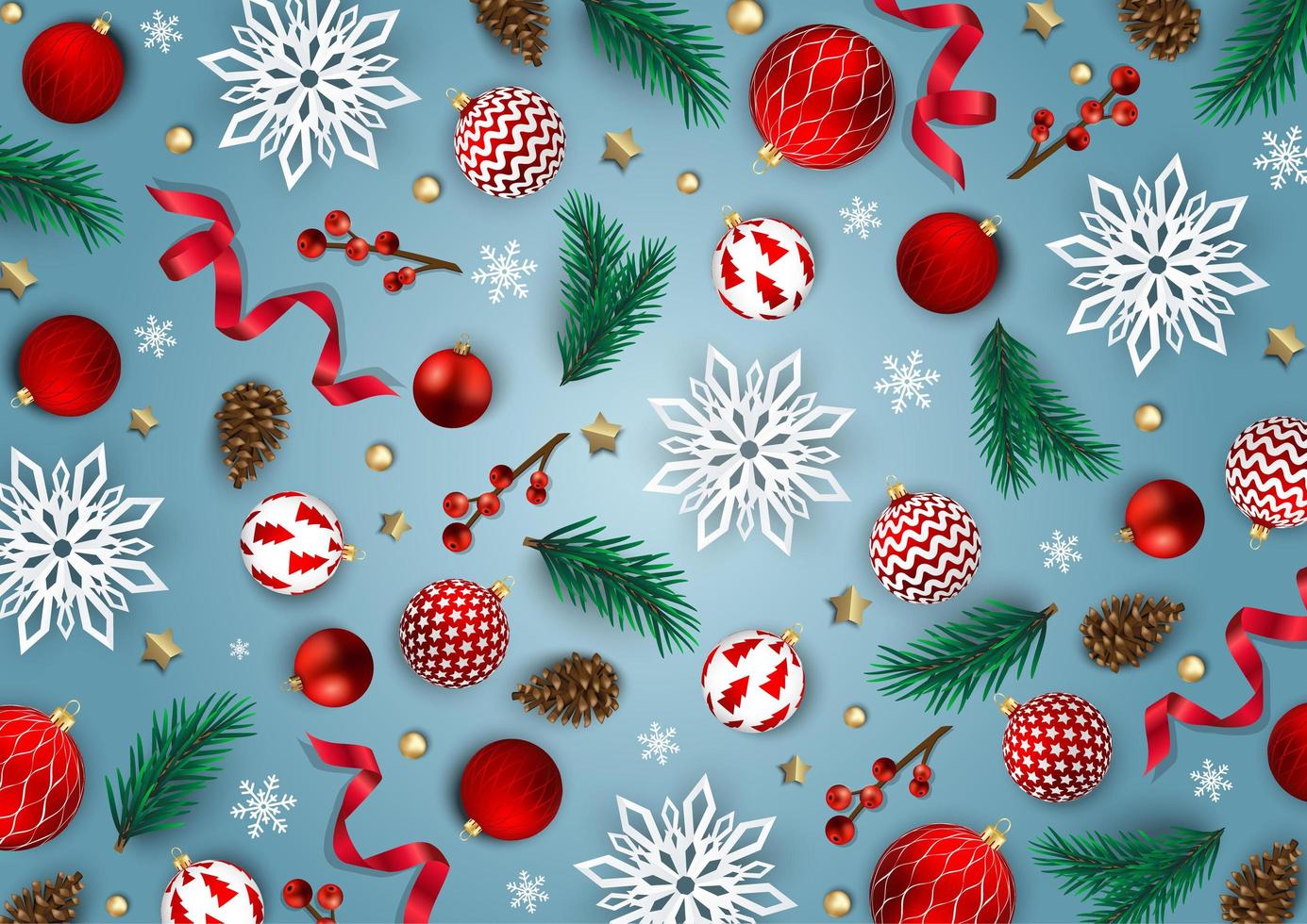 Merry Christmas and Happy New Year. Xmas Festive background with realistic 3d objects, blue and gold balls. vector