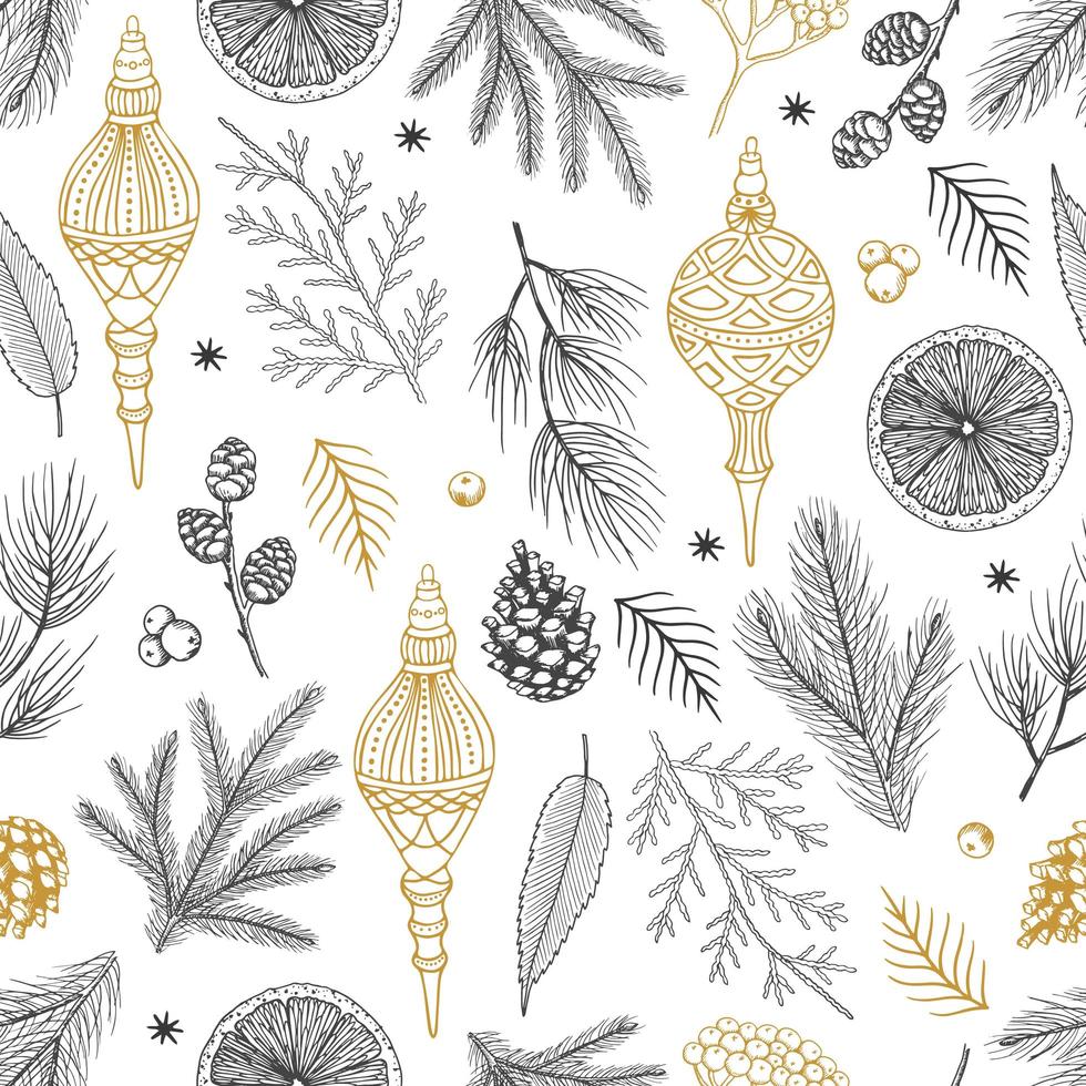 Simple Christmas seamless pattern. Snowflakes with different ornaments. On black background vector