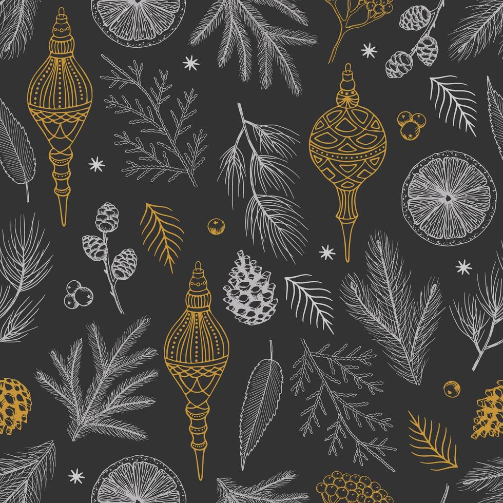 Simple Christmas seamless pattern. Snowflakes with different ornaments. On black background vector