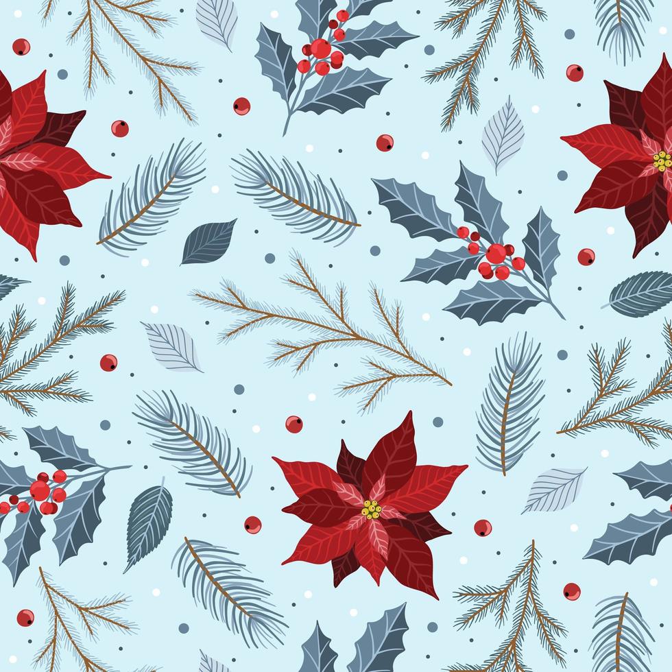 Seamless pattern with Christmas Tree Decorations, Pine Branches, poinsettia, berries. vector