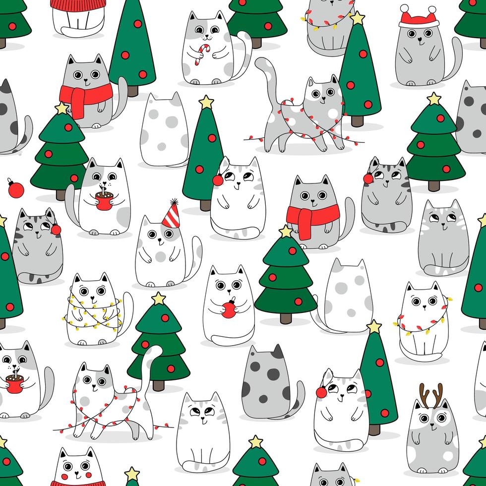 Christmas Seamless pattern background cute kittens in snow for winter. Doodle style vector