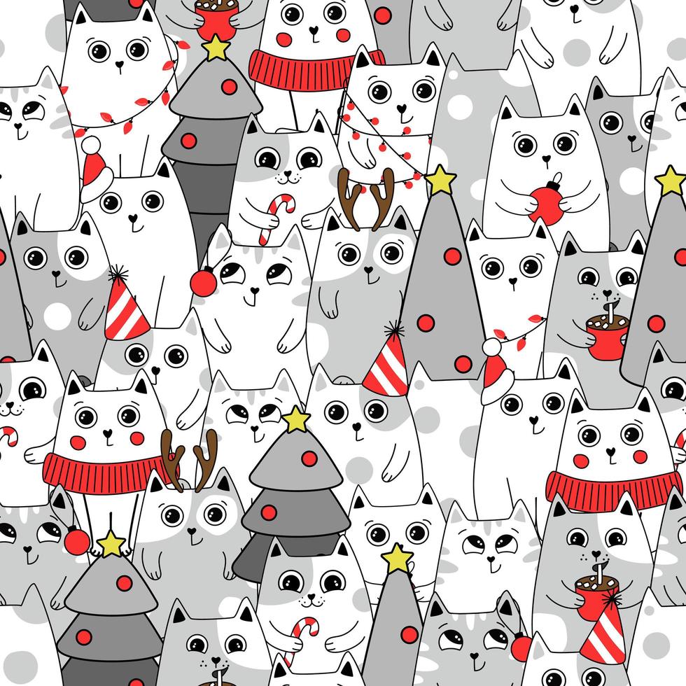 Christmas Seamless pattern background cute kittens in snow for winter. Doodle style vector