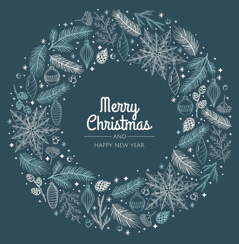 Festive wreath with fir tree, snowflakes, balls and stars. Can be used for Christmas design. vector