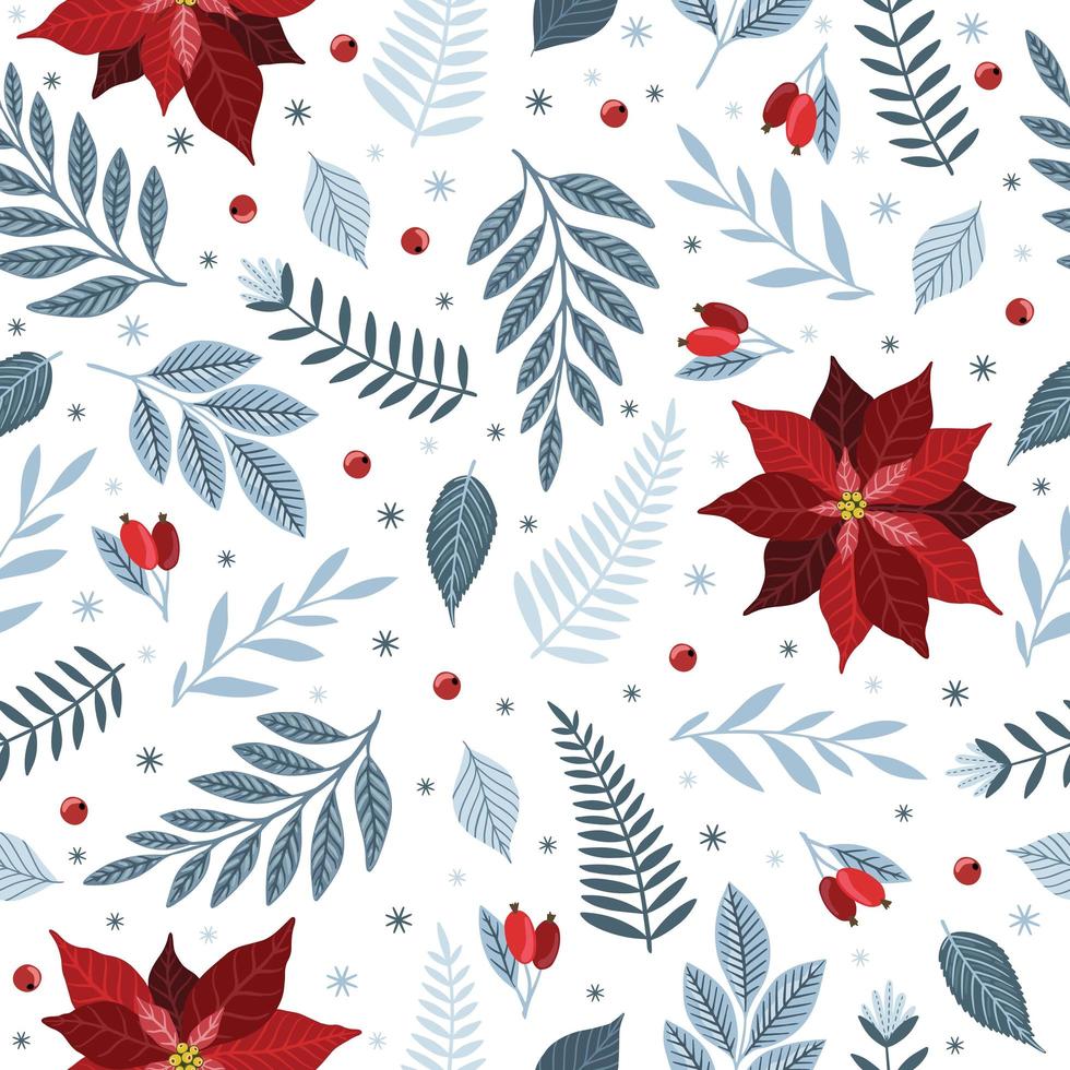 patrón sin fisuras con adornos para árboles de Navidad, ramas de pino, flor de pascua, bayas. vector