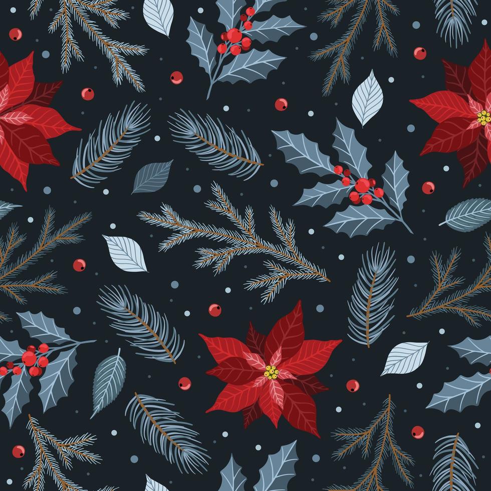 patrón sin fisuras con adornos para árboles de Navidad, ramas de pino, flor de pascua, bayas. vector
