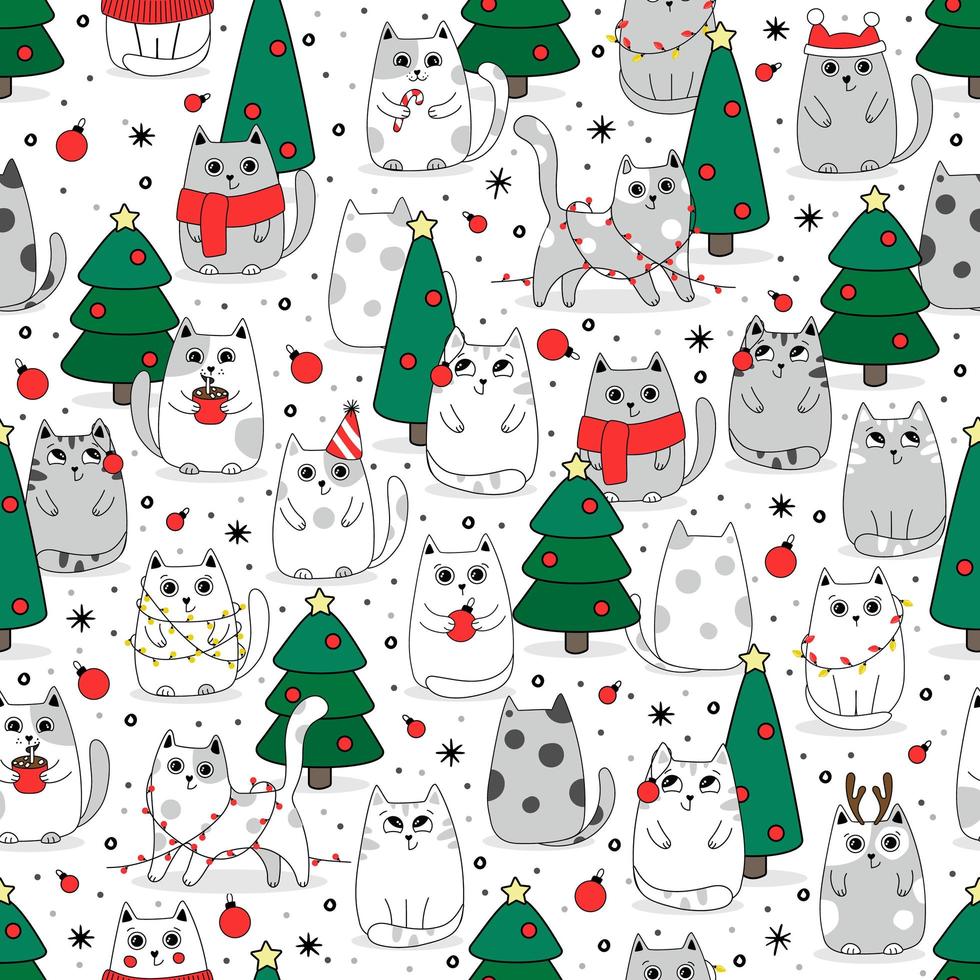 Seamless pattern background cute cat in snow for winter. Doodle style vector