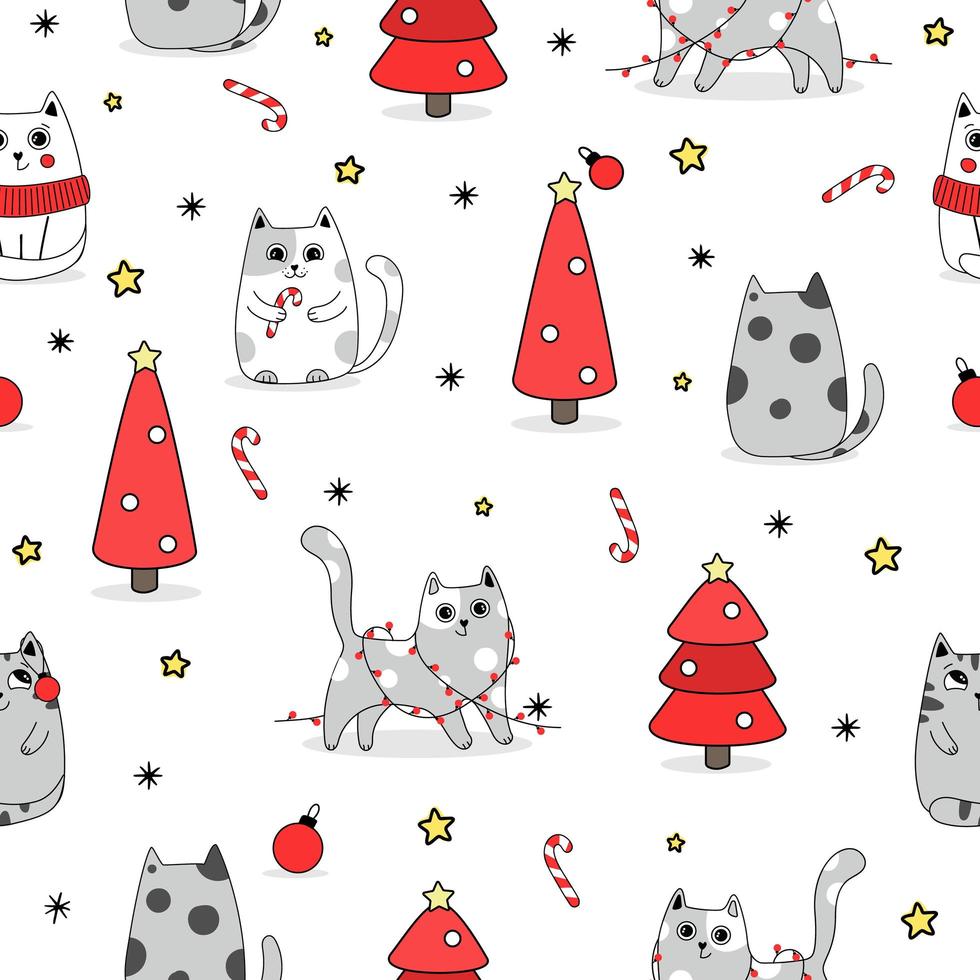 patrón de fondo sin fisuras lindo gato en la nieve para el invierno. estilo doodle vector