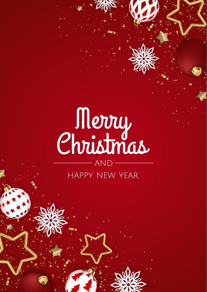 Christmas vector background. Greeting card, banner, poster. Top view xmas decoration balls and snowflakes.