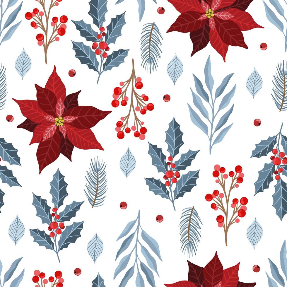 Seamless pattern with Christmas Tree Decorations, Pine Branches, poinsettia, berries. vector