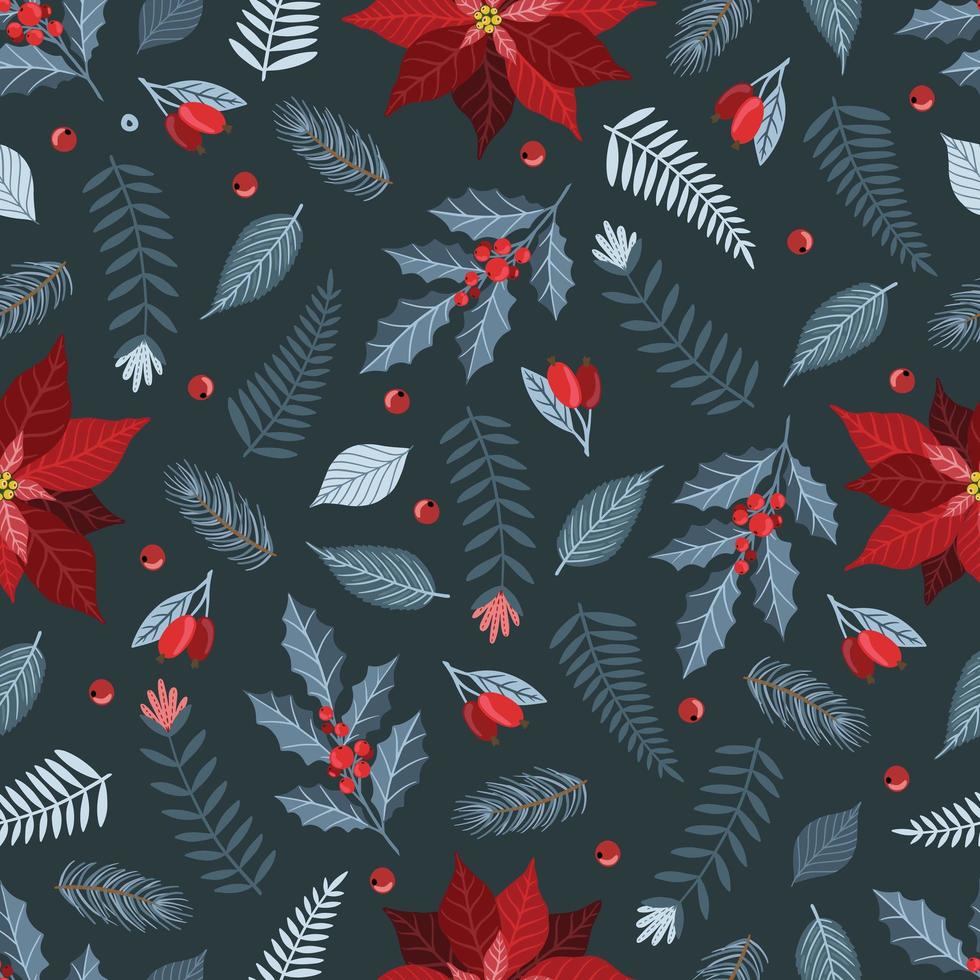 Seamless pattern with Christmas Tree Decorations, Pine Branches, poinsettia, berries. vector