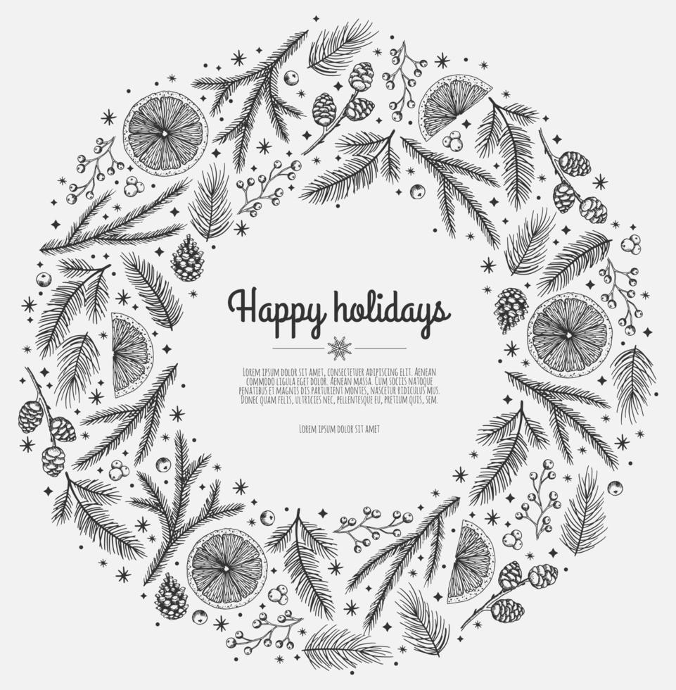 Festive wreath with fir tree, snowflakes, balls and stars. Can be used for Christmas design. vector