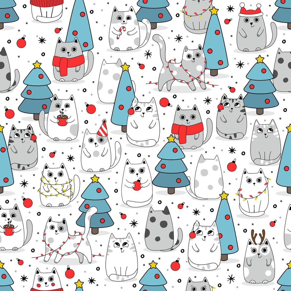 Navidad de fondo sin fisuras lindos gatitos en la nieve para el invierno. estilo doodle vector