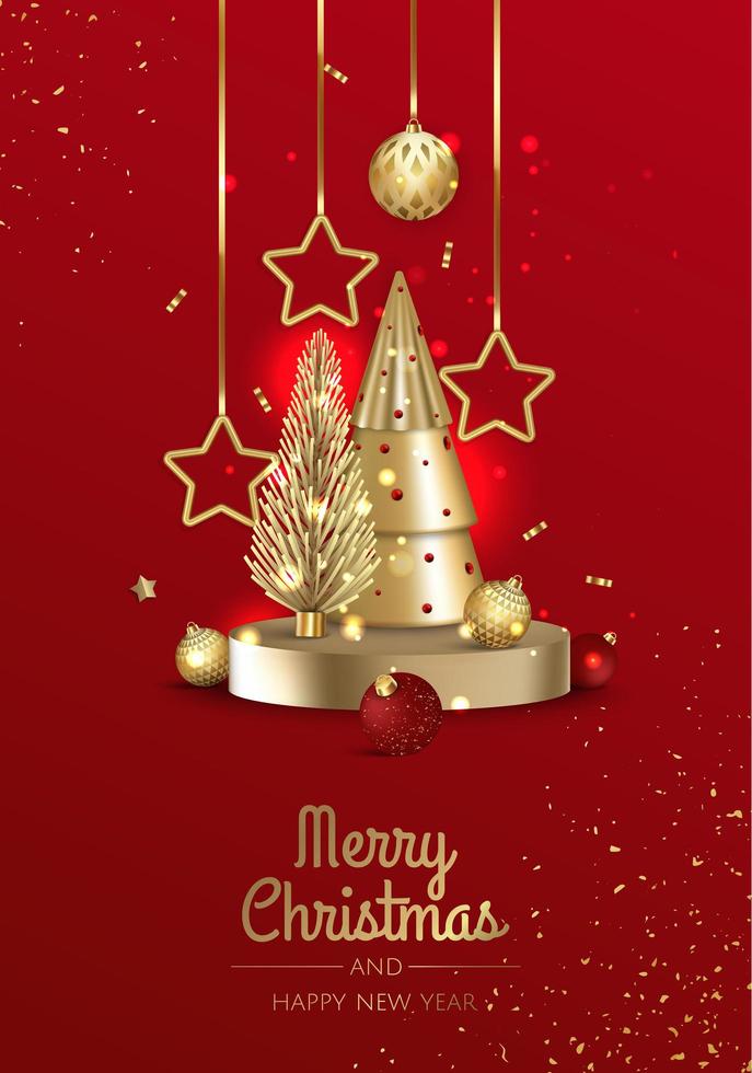 3D circle podium display with Christmas tree. Winter holiday background. vector