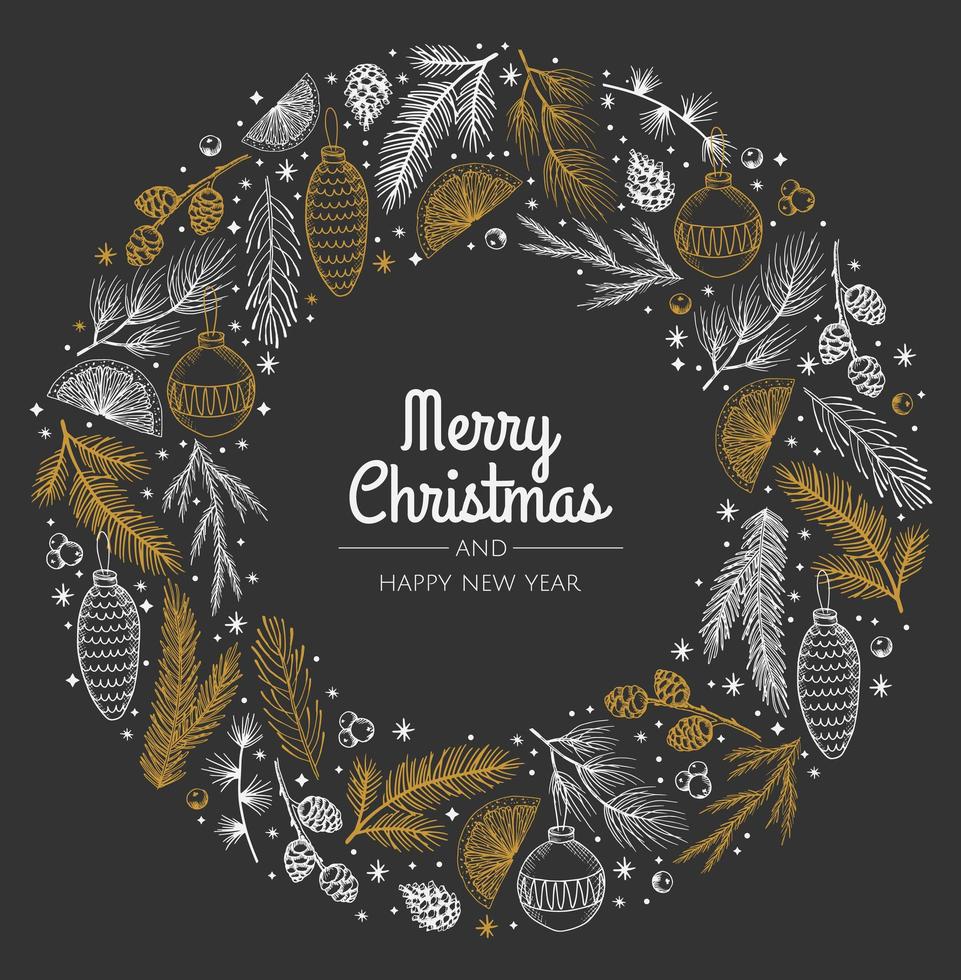 Festive wreath with fir tree, snowflakes, balls and stars. Can be used for Christmas design. vector