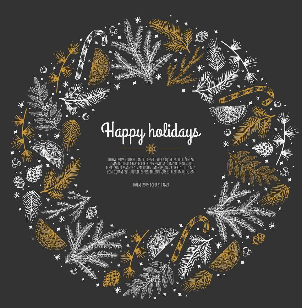 Festive wreath with fir tree, snowflakes, balls and stars. Can be used for Christmas design. vector