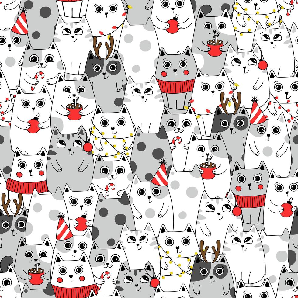 Seamless pattern background cute cat in snow for winter. Doodle style. Can be used for Christmas design. vector