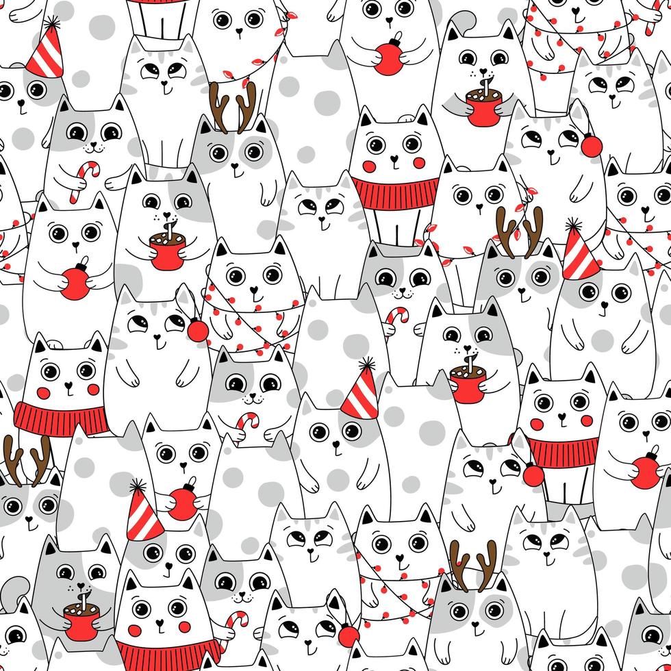 Seamless pattern background cute cat in snow for winter. Doodle style vector